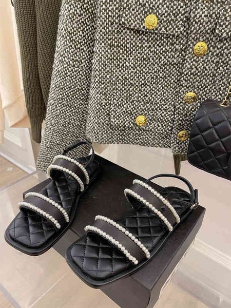 

and 2022 spring summer flat designer sals soft comfortable beach shoes rhombic pearl embellished double strap slippers size 35-40, Black