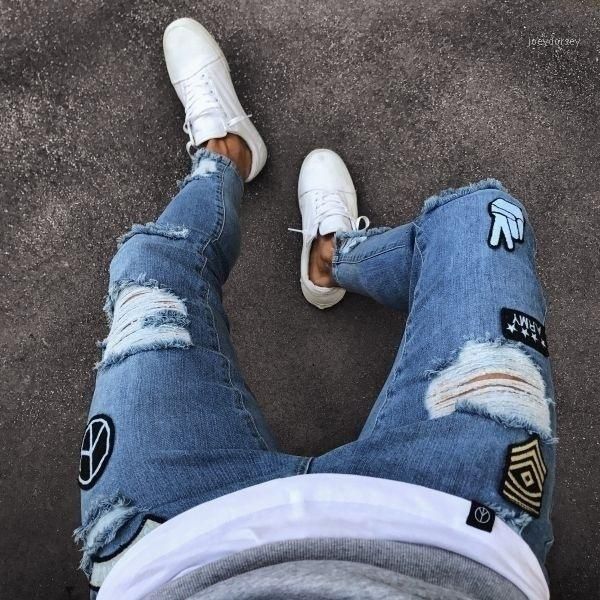 

jeans slim fit skinny jeans for men spring summer streetwear hop knee hole zipper patch ankle big size stretch pants o8r21, Blue