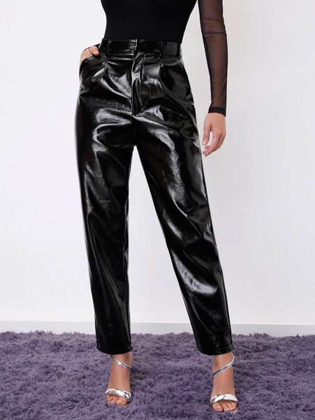 

high waist pu leather pants k3qy#, Black;white