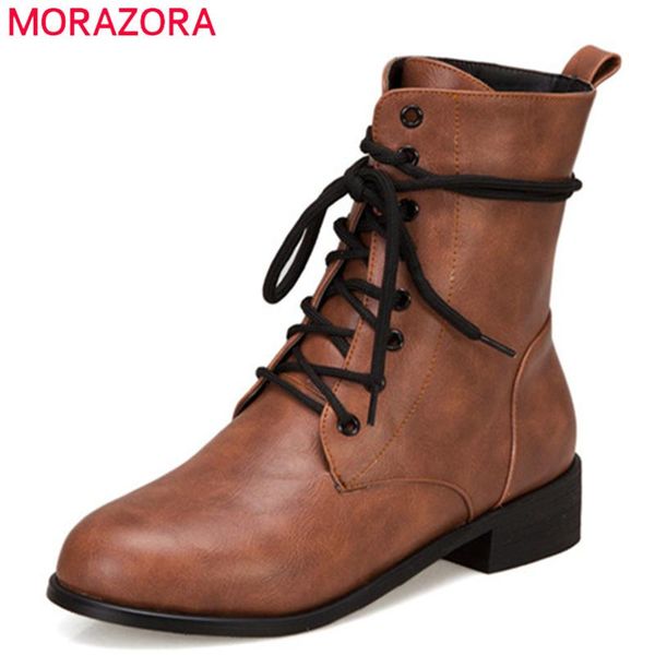 

boots morazora 2021 big size 48 women ankle lace up round toe autumn winter short simple low heels casual shoes woman, Black