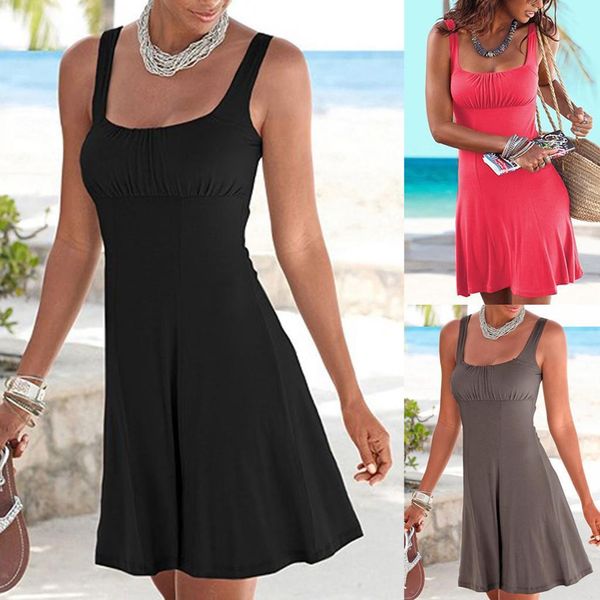 

2021 womens dress casual boho sleeveless beachtime short bodice dress solid color ladies oneck party dress plus size, Black;gray