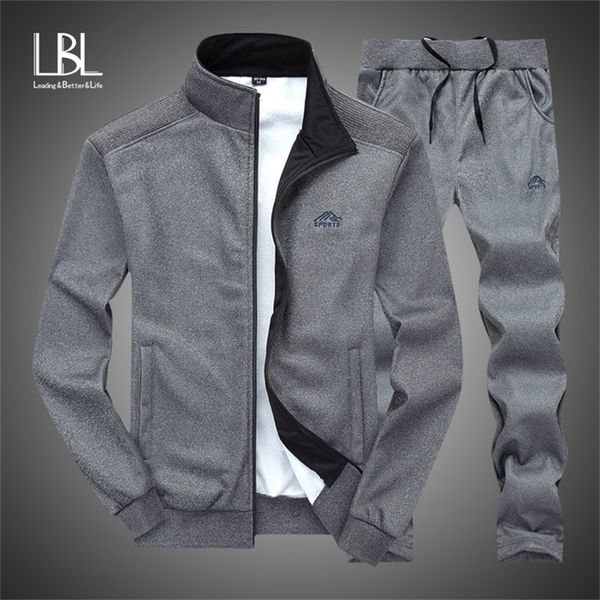 

autumn tracksuit men sportswear fashion mens set two pieces zipper warm sweatshirt jacket+sweatpants moleton masculino sets 201210, Gray