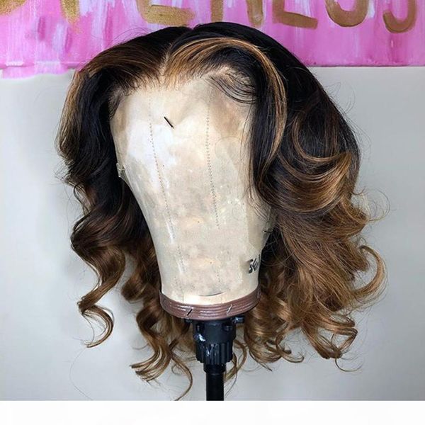 

paff ombre full lace human hair wig for women bleached knots lace front brazilian body wave bob short human hair wigs, Black;brown