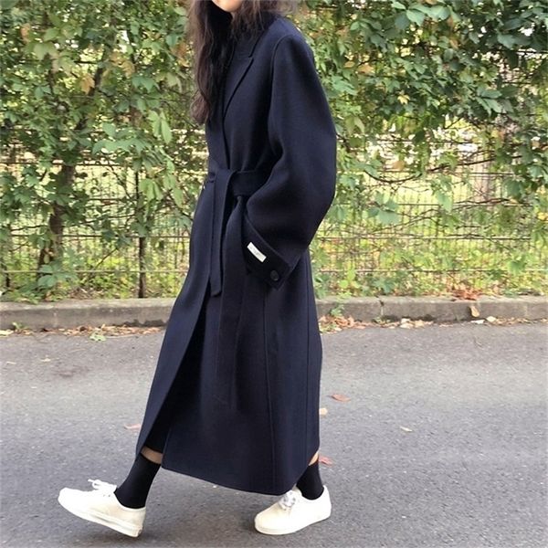 

korean winter fat-sleeved lacing belt long loose bathrobe woolen overcoat jacket warm thicked pure color wool coat women 201218, Black