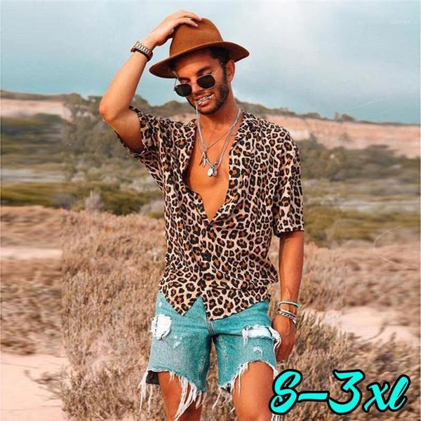 

2020 new men vintage leopard print shirts summer casual short sleeve loose shirts beach male fashion shirt plus size s-3xl1, White;black