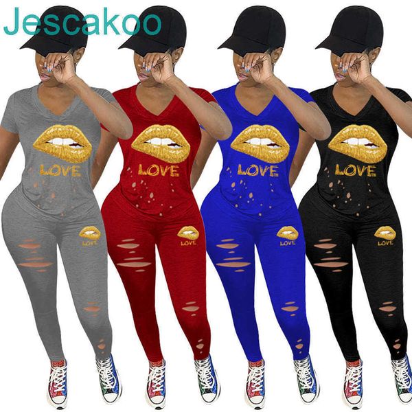 

2022 summer women lip printed burn holes two piece set v-neck short sleeves tracksuits panelled jogger suit fashion outfits, White