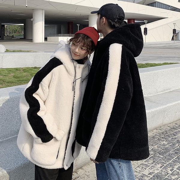 

men's down & parkas taobao selling hooded lamb wool korean version loose thickened couple coat cotton male, Black