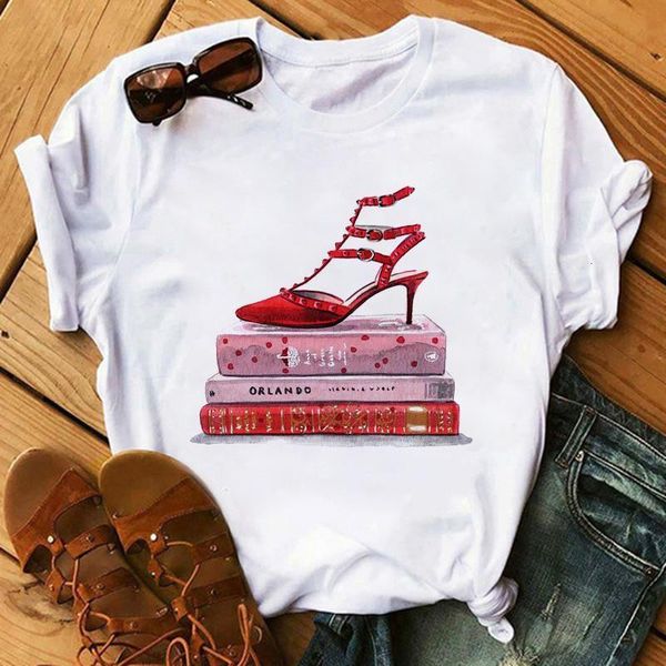 

watercolor high heels shoes print t shirt femme hipster streetwear t shirt women shirt girl casual cotton, White