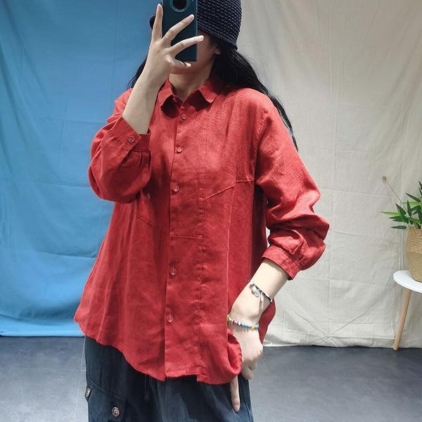 

women's blouses & shirts women loose solid color linen shirt female vintage flax blouse ladies 2021 autumn, White