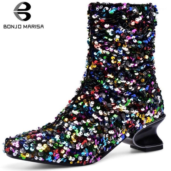 

bonjomarisa new 33-45 attractive party wedding booties ladies shining bling boots women high heels shoes woman1, Black