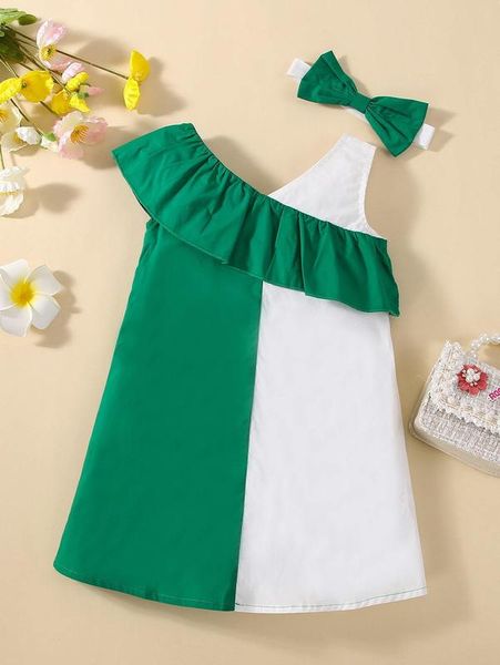 

baby two tone ruffle trim asymmetrical neck dress with headband she, Red;yellow