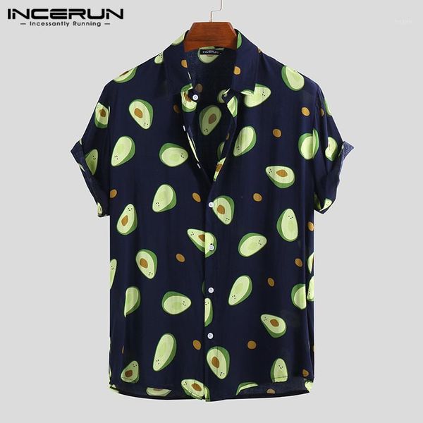 

incerun summer 2019 fashion hawaiian men's print lapel shirt casual holiday avocado streetwear personality camisa masculina 5xl1, White;black