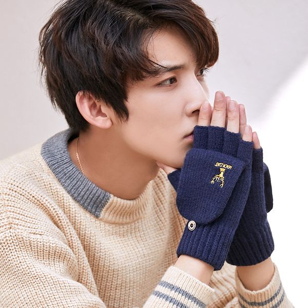 

gloves men's warm korean version thickened plush wool autumn winter half open finger flip student riding, Blue;gray