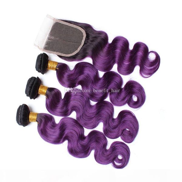 

ombre color #1b purple hair weft with lace closure 4x4 brazilian body wave 3 bundles virgin hair weaves with closure, Black;brown