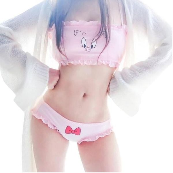 

kawaii japanese lolita girl pink pig face ruffled women underwear lingerie 2019 intimates push up bra and panty set, Black;white
