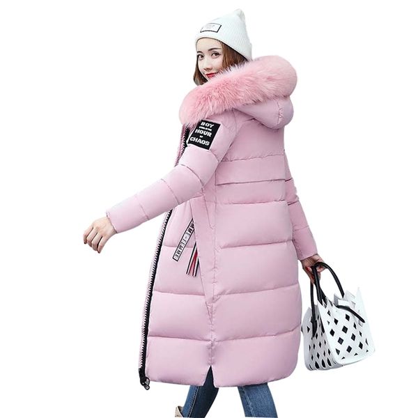 

needbo winter jacket women fur collar long parka casual slim woman winter coat puffer jacket padded outwear coat women warm 201217, Black