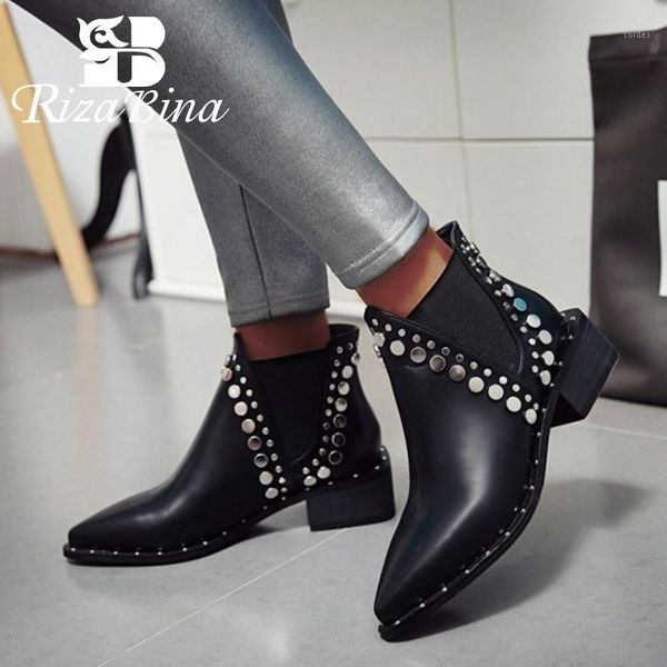 

boots rizabina women ankle fashion rivets winter shoes warm fur thick heel short office lady footwear size 35-401, Black