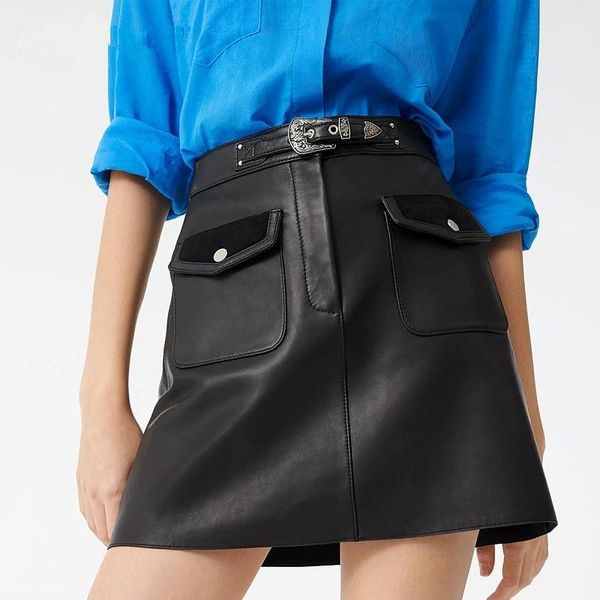 

women skirt natural sheepskin genuine leather fashion female design a real slim hip belt skirt h731, Black