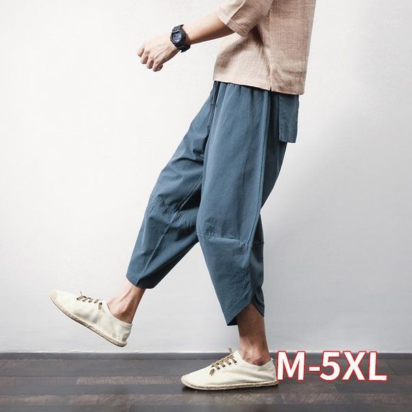 

cotton linen mens harem pants summer male casual calf-length pants 2020 solid big pocket baggy trousers1, Black