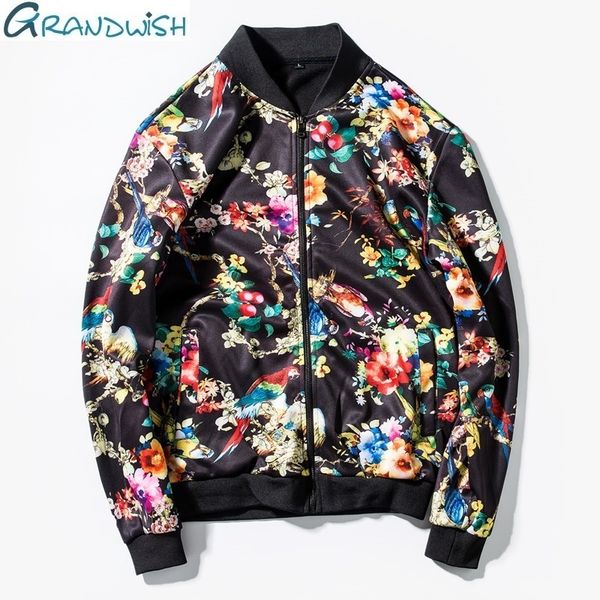 

grandwish man jacket flower print spring and autumn new mens jacket zipper brand streetwear hip pop bomber jacket men,da453 t200502, Black;brown