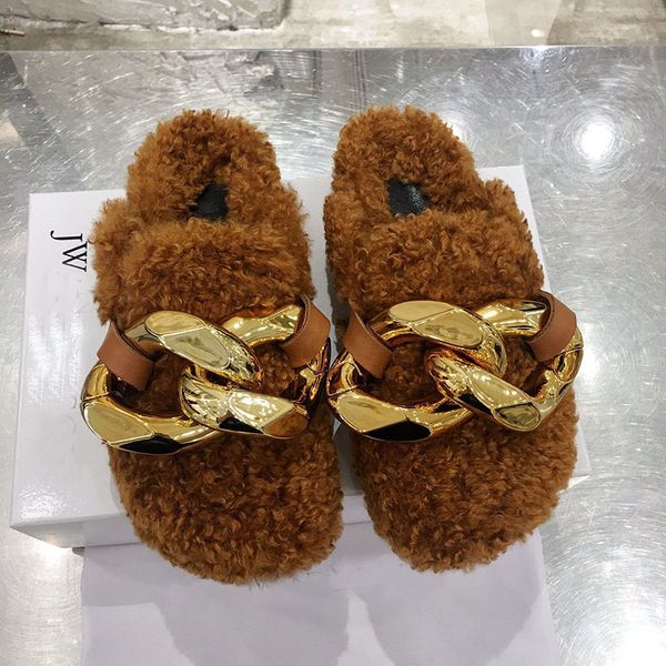 

brand new fashion jw women casual booties fur warm flat heel slides big chain slippers luxurys designers shoes, Black