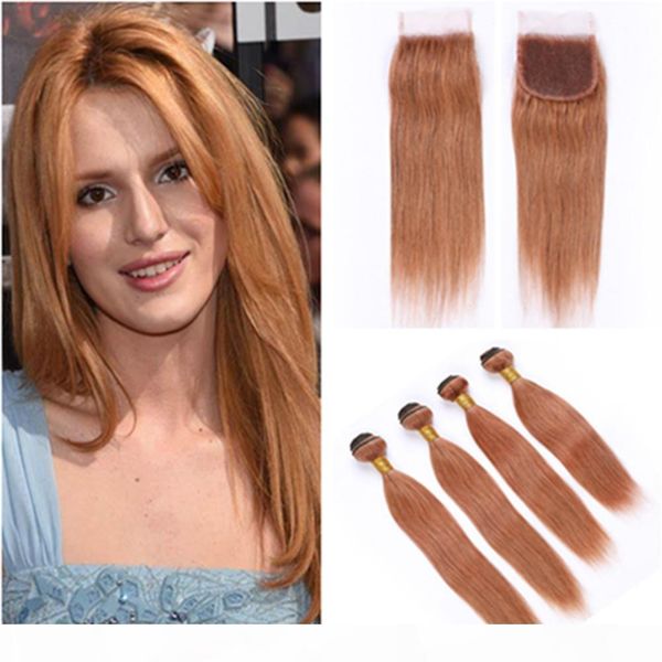 

#30 medium auburn peruvian straight human hair 4bundles and closure auburn weaves virgin hair extensions with lace front closure 4x4, Black;brown