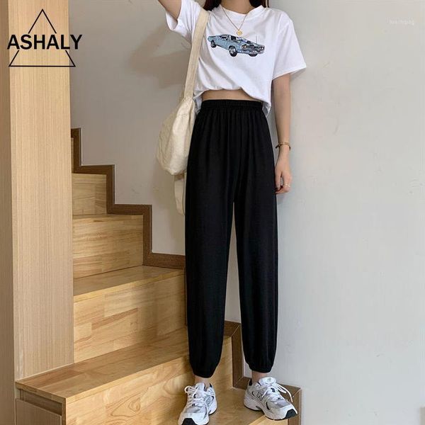 

women casual sport pants running pants solid ice silk women's bloomers women's korean style loose and thin harem1, Black;white