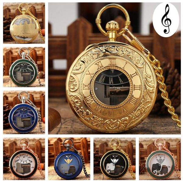 Relógios de função de reprodução de música com design exclusivo criativo, relógio de bolso analógico de quartzo masculino com corrente de pingente de música, relógio de presente especial