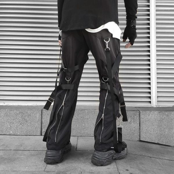 

ewq / overalls male tidal 2020 spring new pants hip-hop weaving ribbons zipper design loose trousers for men loose causal 9y2011, Black