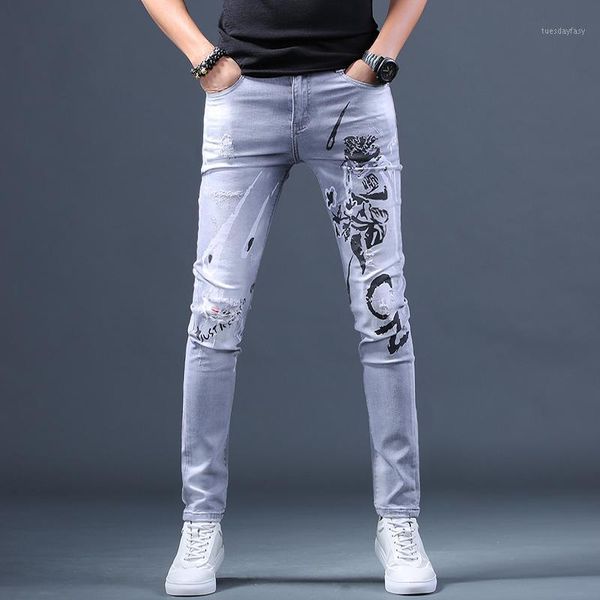 

men's jeans ripped printed men fashion straight slim fit distressed pants streetwear light gray stretch jean1, Blue