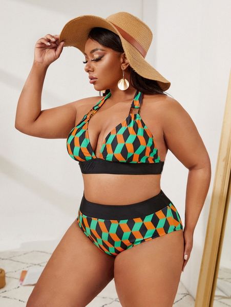 

plus geometric print bikini swimsuit b9uc#, Black