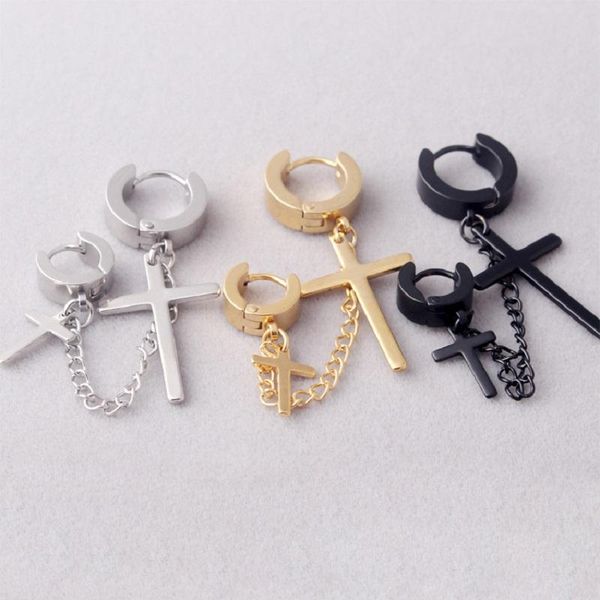 

1 piece punk men/women stainless steel earrings metal chain double cross pendant ear buckle earrings new pop hip hop jewelry wmtcmj, Black;white