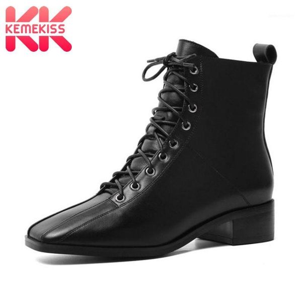 

boots kemekiss casual women ankle real leather fashion lacing square heel shoes leisure office mujer zapatos size 33-431, Black