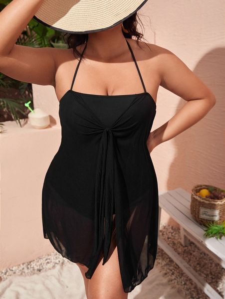 

plus contrast mesh knot front one piece swimsuit p8zz#, Black
