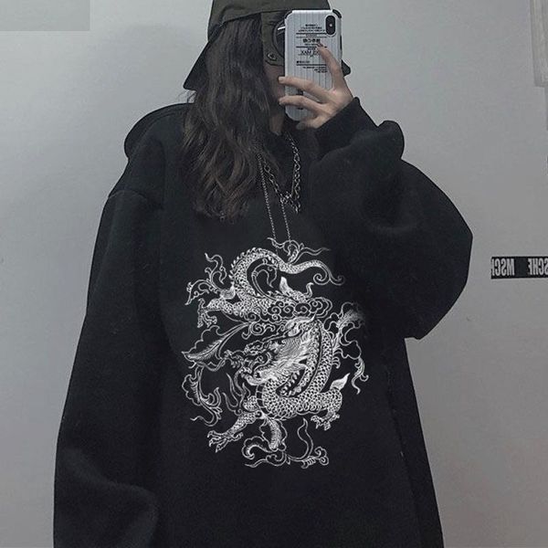 

women sweatshirt hoodie cute hip hop kawaii ullzang harajuku dragon korean funny vintage dropshipping tee print punk clothes, Black