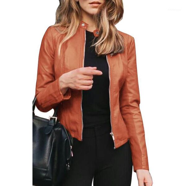 

slim fit leather jacket women pu leather zipper coat female plus size long sleeve autumn outwear streetwear mx00301, Black;brown