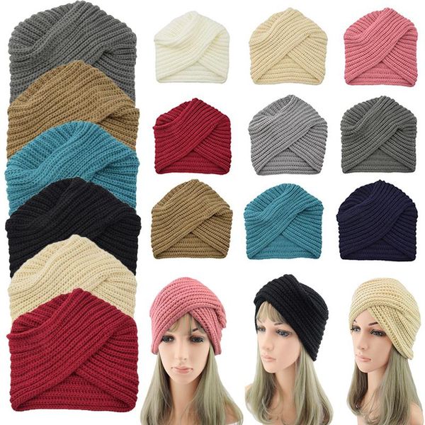 

boho style women knot bandanas fashion knitting warm muslim scarf 2020 autumn winter turban cap solid color cross headscarf, Blue;gray