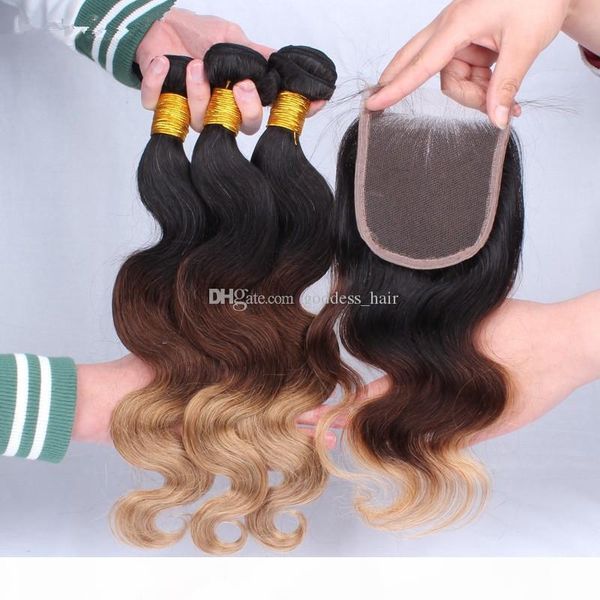 

# 1b # 4 # 27 три тона меда bloned кружева закрытие 4x4 free часть с 9а indian body wave ombre человеческие волосы 4шт много, Black