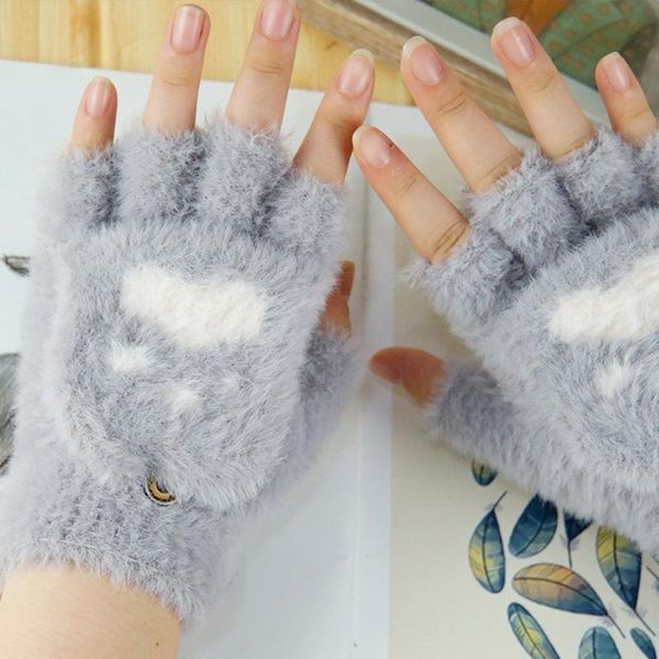 

five fingers gloves women' winter keep warm cashmere lovely printing weave knitted flip cartoon fashion print fingerless, Blue;gray