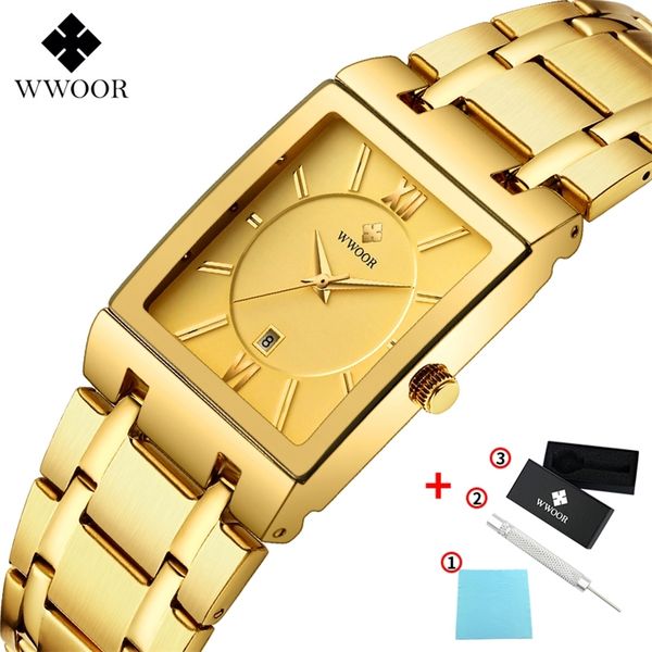 

relogio masculino wwoor gold watch men square mens watches brand luxury golden quartz stainless steel waterproof wrist watch 201212, Slivery;brown