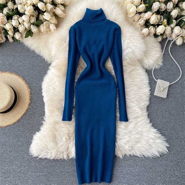 

sweater dress winter turtleneck warm long sleeve knit dress korean fashion casual solid women midi bodycon dress 211221, Black;gray