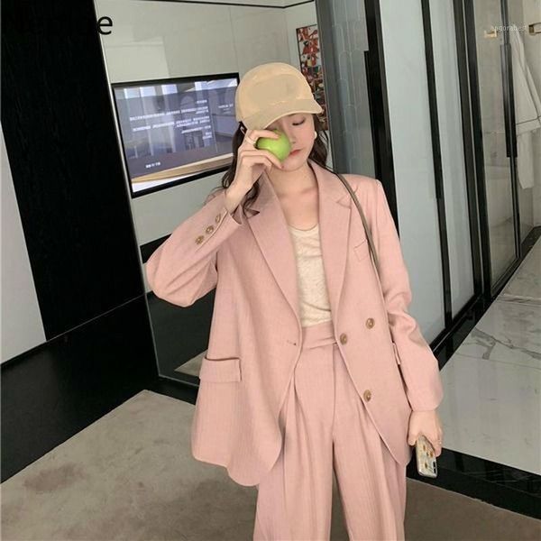 

neploe 2 piece set korean double breasted notched collar female blazer+solid high waist wide leg pants fashion suits 1a0781, Gray