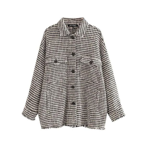 

new vintage stylish frayed tassel oversized tweed plaid jacket coat women 2020 fashion long sleeve pockets outerwear chic, Black;brown