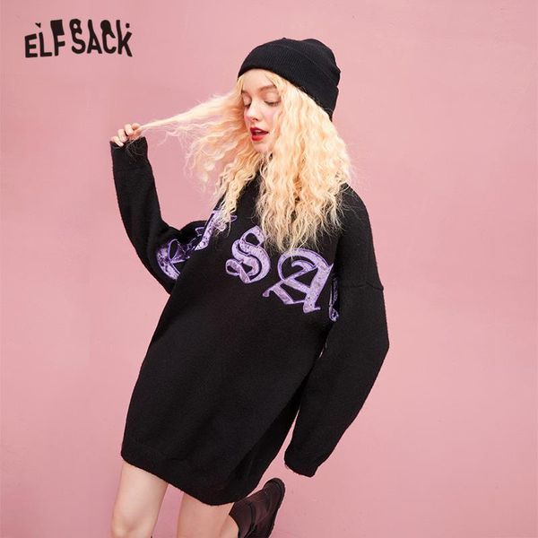 

elfsack solid letter applique korean women knit pullovers sweaters,2020 autumn elf vintage loose casual female basic daily top, White;black