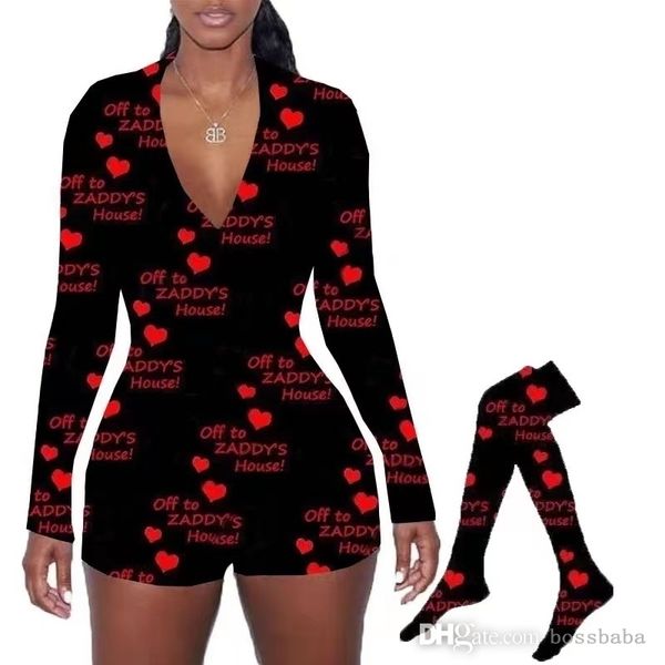 

women valentine's day jumpsuits with socks v neck printed long sleeve shorts ladies homewear s-xxl, Black;white