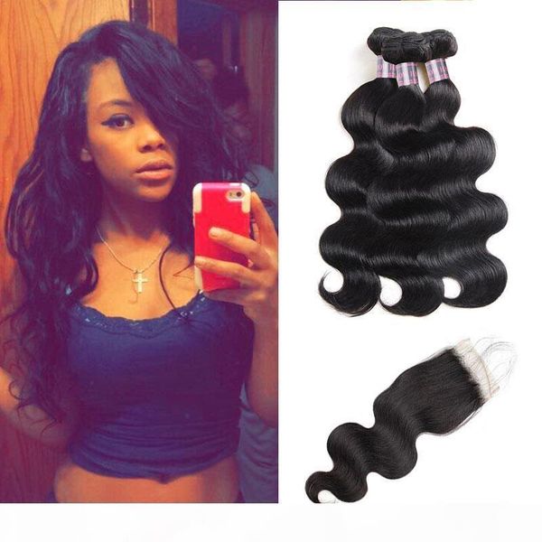 

body wave human hair bundles with closure virgin hair extensions with 4x4 lace closure good quality human hair weave, Black