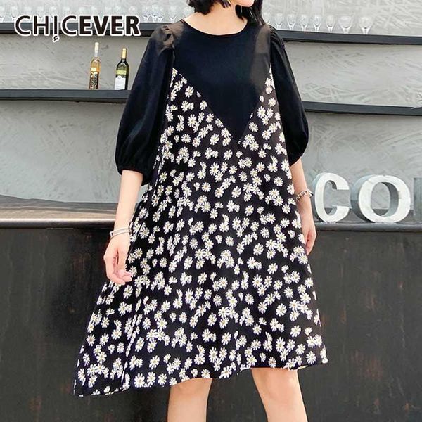 

chicever patchwork print dress for women o neck half sleeve casual oversized hit color summer dresses female fashion new 20201, Black;gray