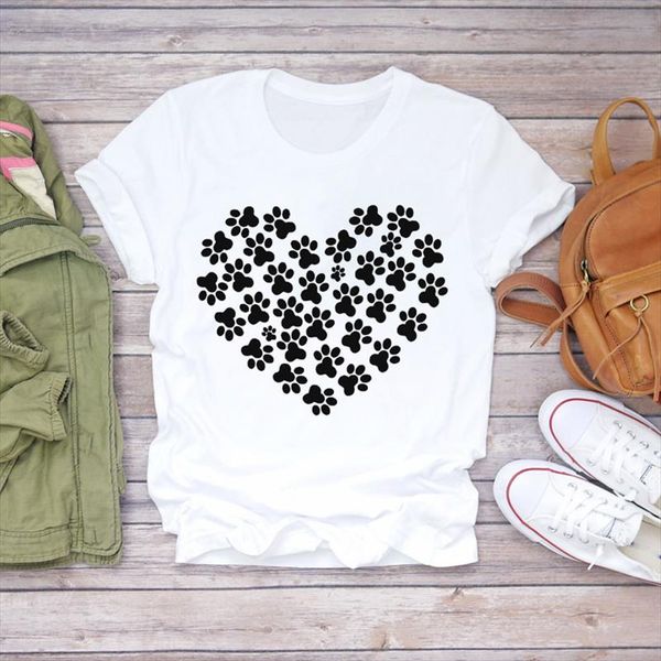 

women t shirts dog paw love heart 90s style summer autumn cute ladies print lady womens graphic t shirt female tee, White