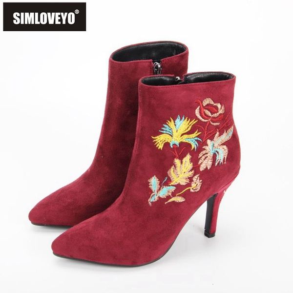 

simloveyo women ankle boots elegant pointed toe thin heels 9cm embroidered zip short plush big size 33-43 outdoor winter b2140, Black