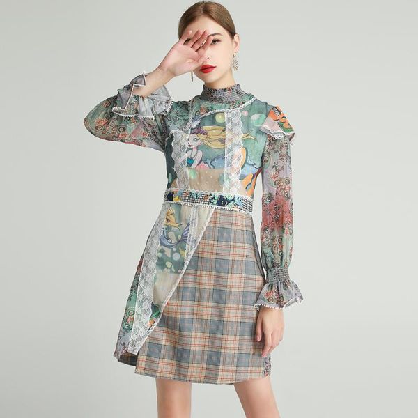 

casual dresses pretty print slim dress women elegant lace patchwork flare sleeve plaid zipper ladies spring fashion, Black;gray